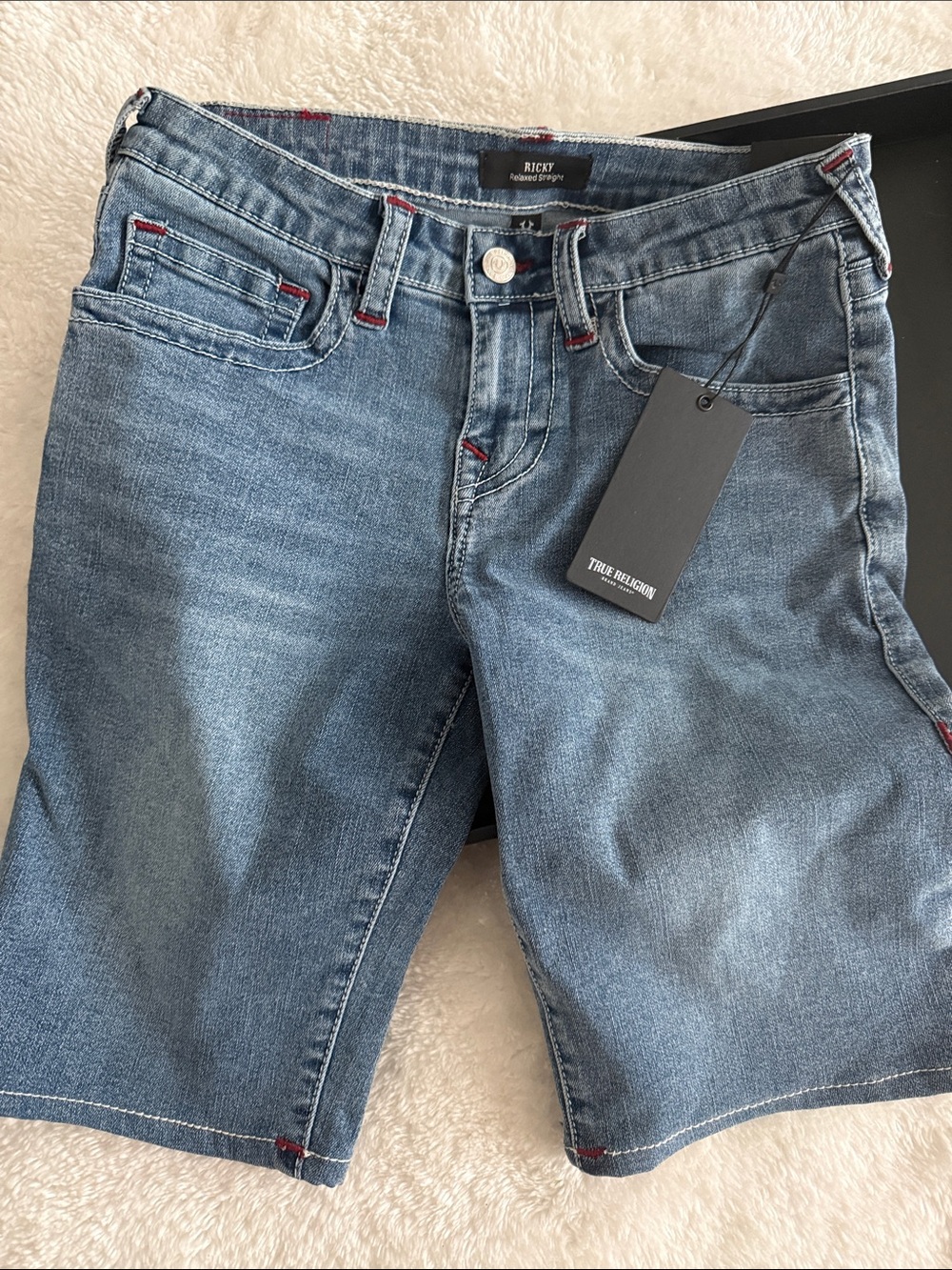 True Religion Mid Blue Ricky Denim Shorts with Red Stitching - Picture 1 of 3